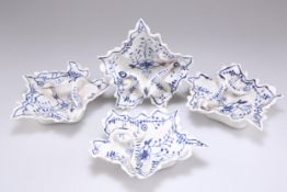 A SET OF FOUR GERMAN BLUE AND WHITE PORCELAIN LEAF SHAPED PICKLE DISHES