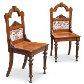 A PAIR OF VICTORIAN OAK HALL CHAIRS WITH MINTON TILES