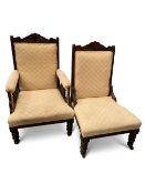 A PAIR OF LATE VICTORIAN BEECH AND UPHOLSTERED DRAWING ROOM CHAIRS