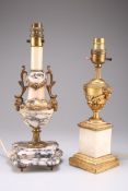 A LATE 19TH CENTURY GILT-METAL MOUNTED MARBLE TABLE LAMP, AND A GILT AND ONYX TABLE LAMP