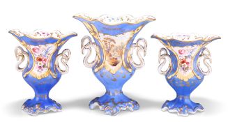 A GARNITURE OF THREE 19TH CENTURY ENGLISH PORCELAIN TWO HANDLED VASES