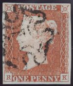 1d Red-Brown Plate 10 Lettered RK (R long tail and basal shift) 4 Margin black MX