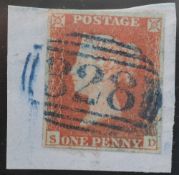 1d Red-Brown on piece 4 margin with 328 HADLEIGH CANCEL