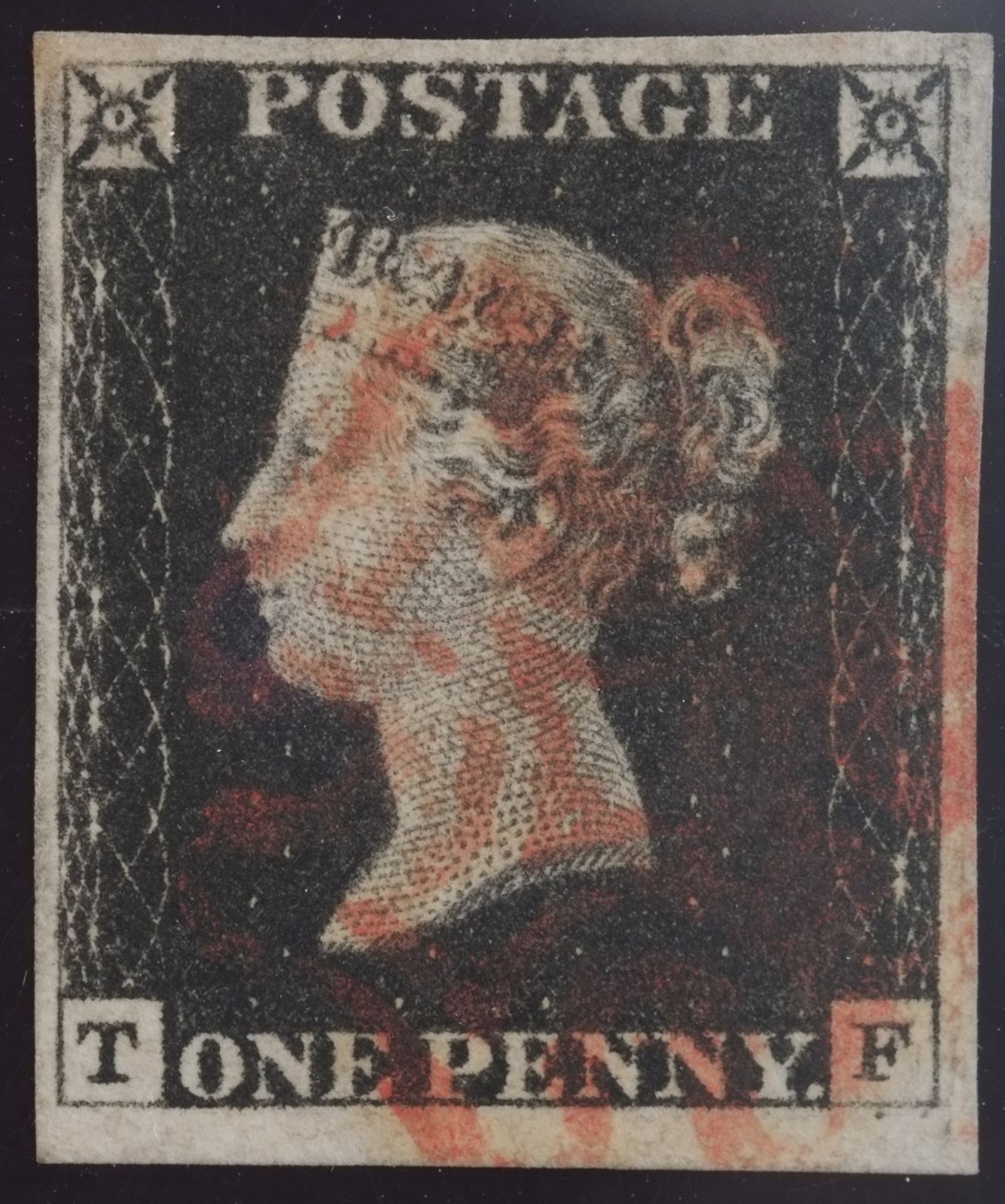 1d Black plate 2 Lettered TF (Second State) 4 margin red MX
