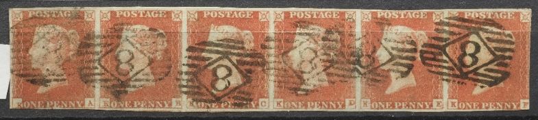 BS29 1d Red-Brown used strip of 6 superb colour, a scarce item.  Lettered KA,KB,KC,KD,KE,KF