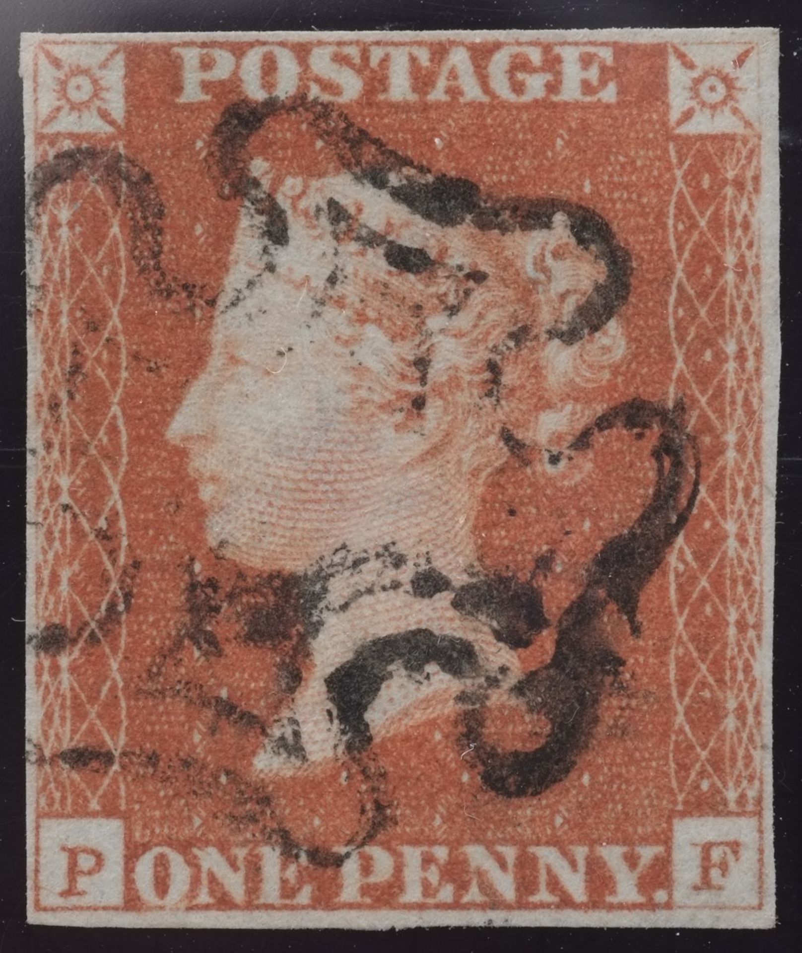 1d Red-Brown plate 10 Lettered PF 4 margin with black MX