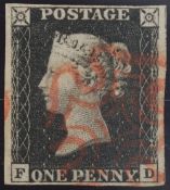 1d Black plate 8 Lettered FD (Stage 2 O flaw) 4 margin red MX