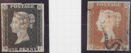 1d Black / 1d Red plate 2 Matched pair Lettered KJ 4 margin examples (2)