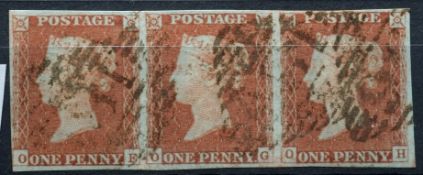 BS28 1d Red-Brown used 4 margin strip of 3 lettered OF,OG,OH