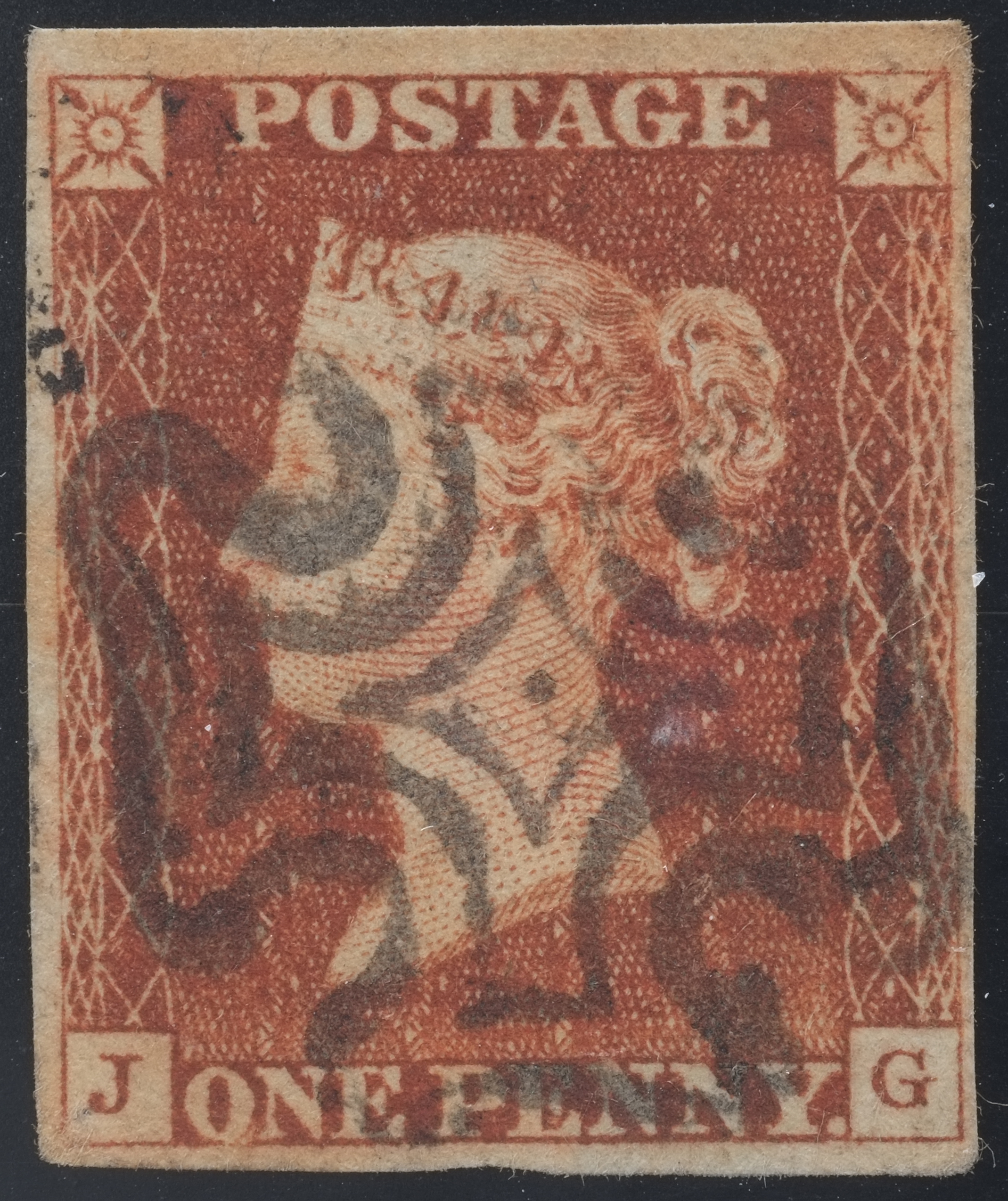 1d Red-Brown plate 8 Lettered JG (First State never repaired) 4 margin black MX