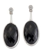 A PAIR OF 18 CARAT WHITE GOLD BLACK SAPPHIRE AND DIAMOND PENDANT EARRINGS