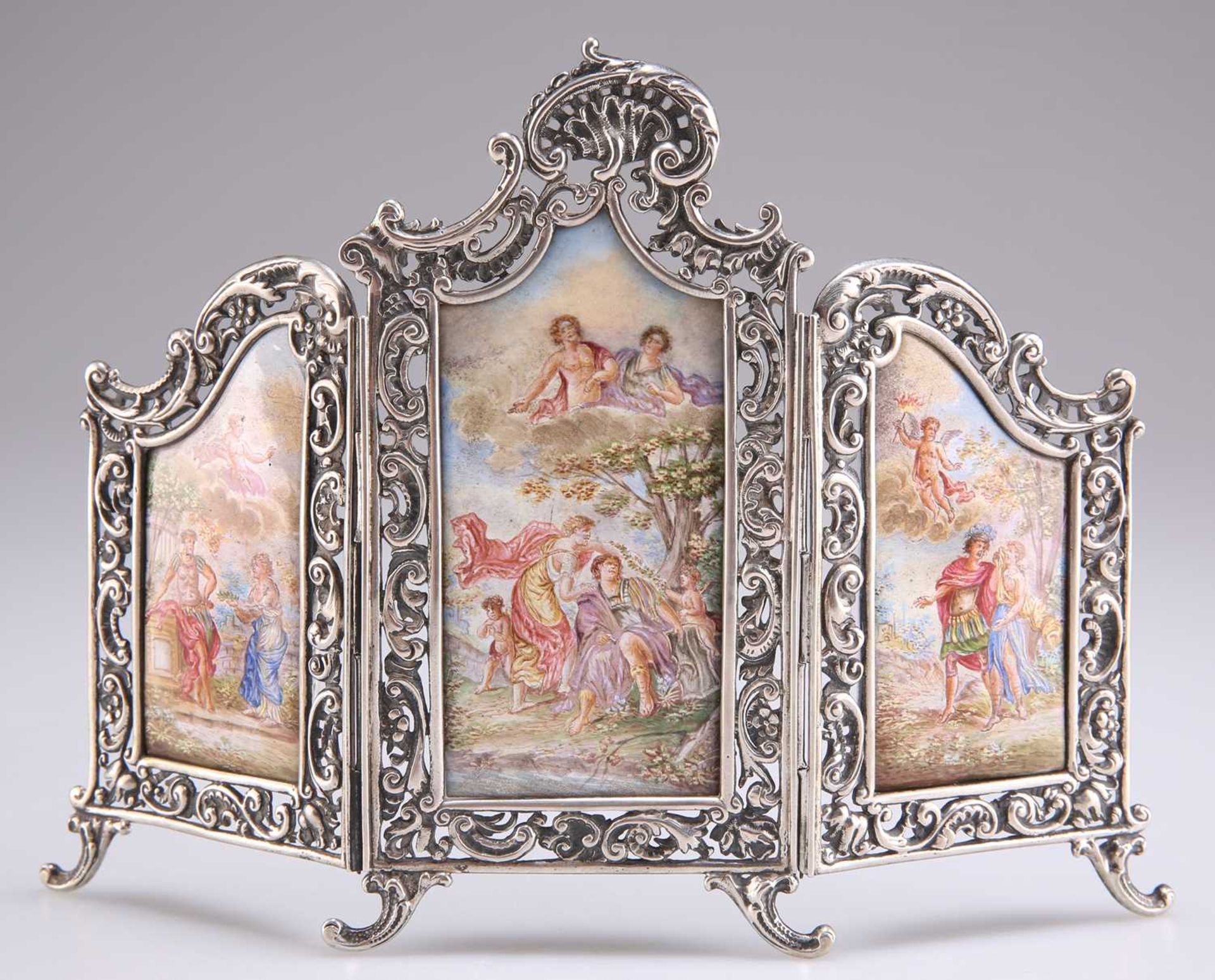 A VIENNESE SILVER AND ENAMEL SMALL TRIPTYCH TABLE-SCREEN