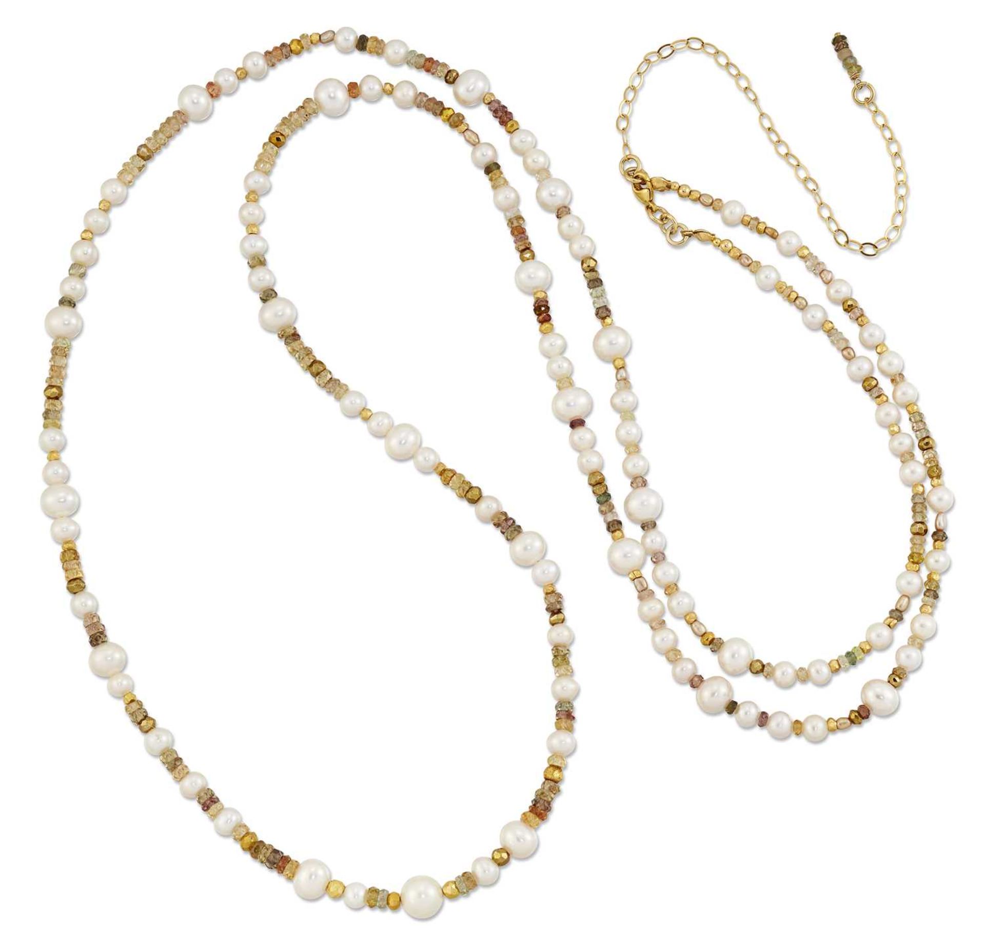 A FANCY-COLOURED SAPPHIRE AND CULTURED PEARL NECKLACE