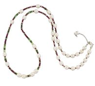 AN EMERALD, RUBY AND CULTURED PEARL NECKLACE