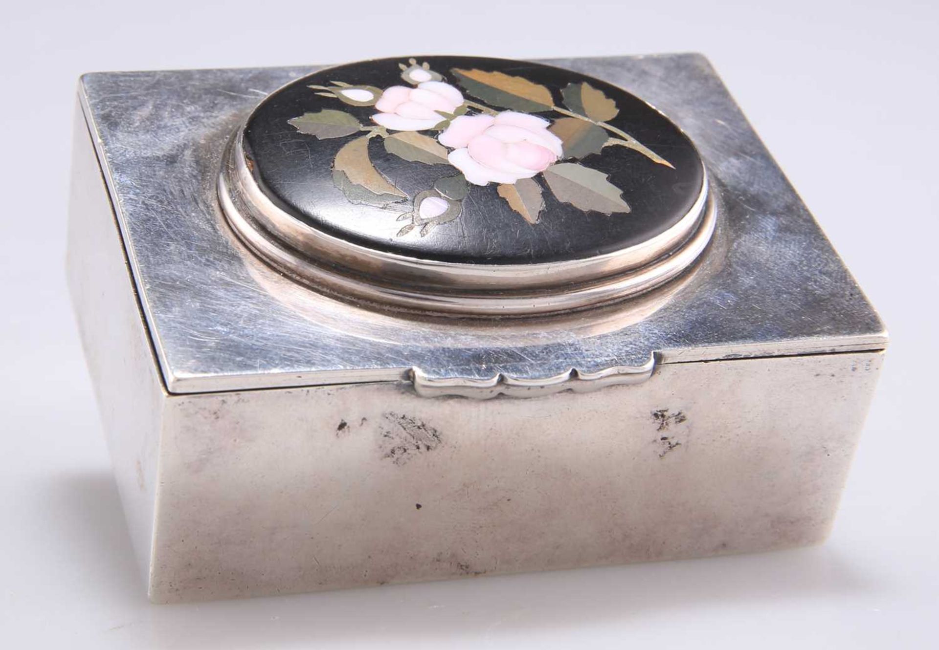 A VICTORIAN SILVER AND PIETRA DURA STAMP BOX