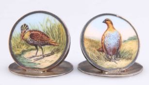 A PAIR OF ENAMEL GAME BIRD MENU HOLDERS