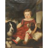 19TH CENTURY BRITISH SCHOOL CHILD IN PLAID DRESS WITH TWO DOGS