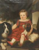 19TH CENTURY BRITISH SCHOOL CHILD IN PLAID DRESS WITH TWO DOGS