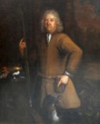 17TH CENTURY BRITISH SCHOOL PORTRAIT OF A GENTLEMAN, POSSIBLY A GAMEKEEPER WITH HIS DOG, RIFLE AND