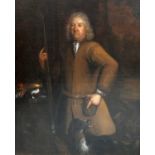 17TH CENTURY BRITISH SCHOOL PORTRAIT OF A GENTLEMAN, POSSIBLY A GAMEKEEPER WITH HIS DOG, RIFLE AND