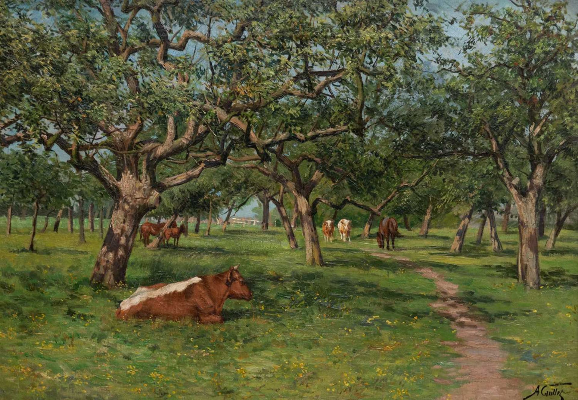 ALBERT CAULLET (BELGIAN 1875-1950) CATTLE AND HORSES RESTING