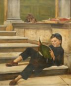 19TH/20TH CENTURY BRITISH SCHOOL BOY READING ON STEPS