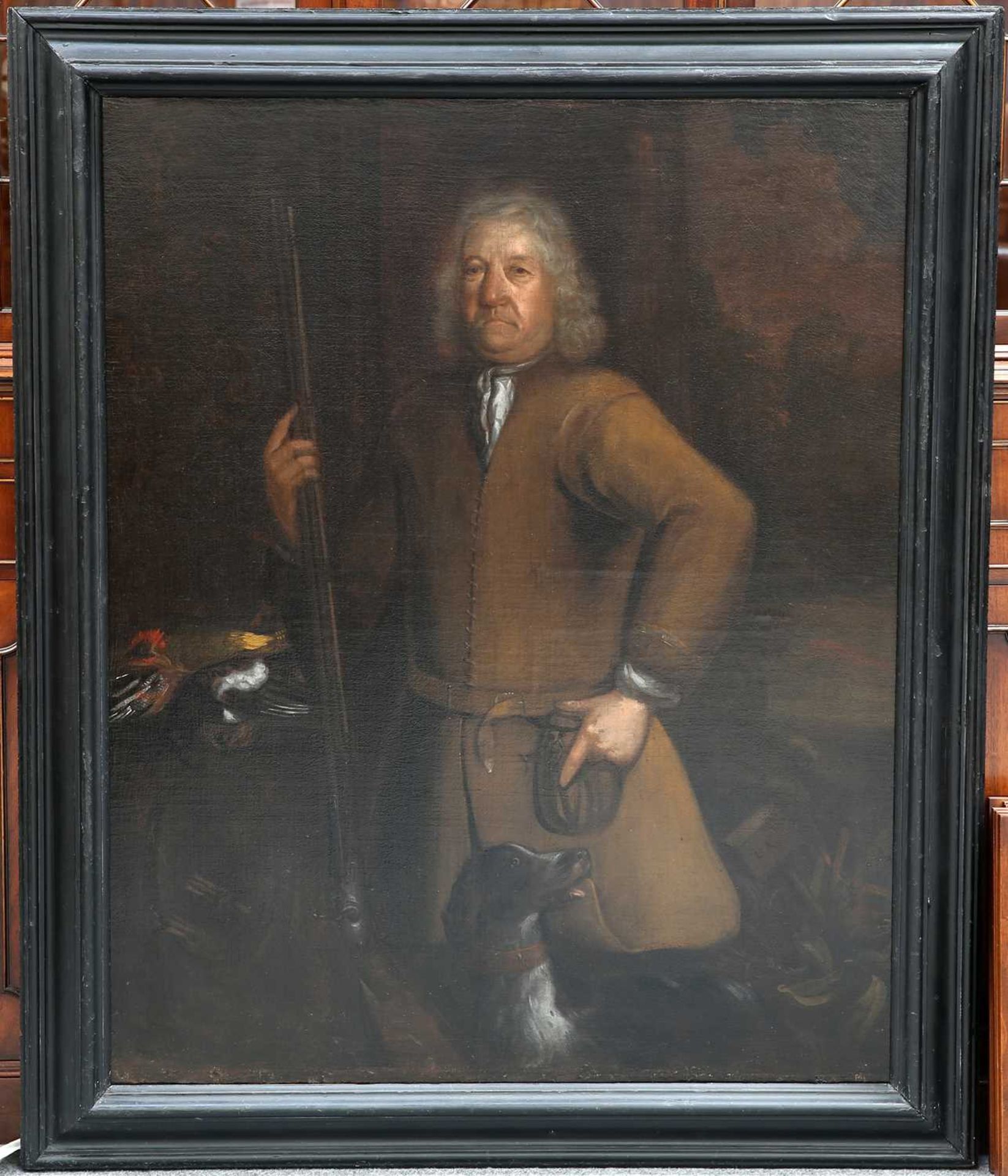 17TH CENTURY BRITISH SCHOOL PORTRAIT OF A GENTLEMAN, POSSIBLY A GAMEKEEPER WITH HIS DOG, RIFLE AND - Bild 2 aus 4