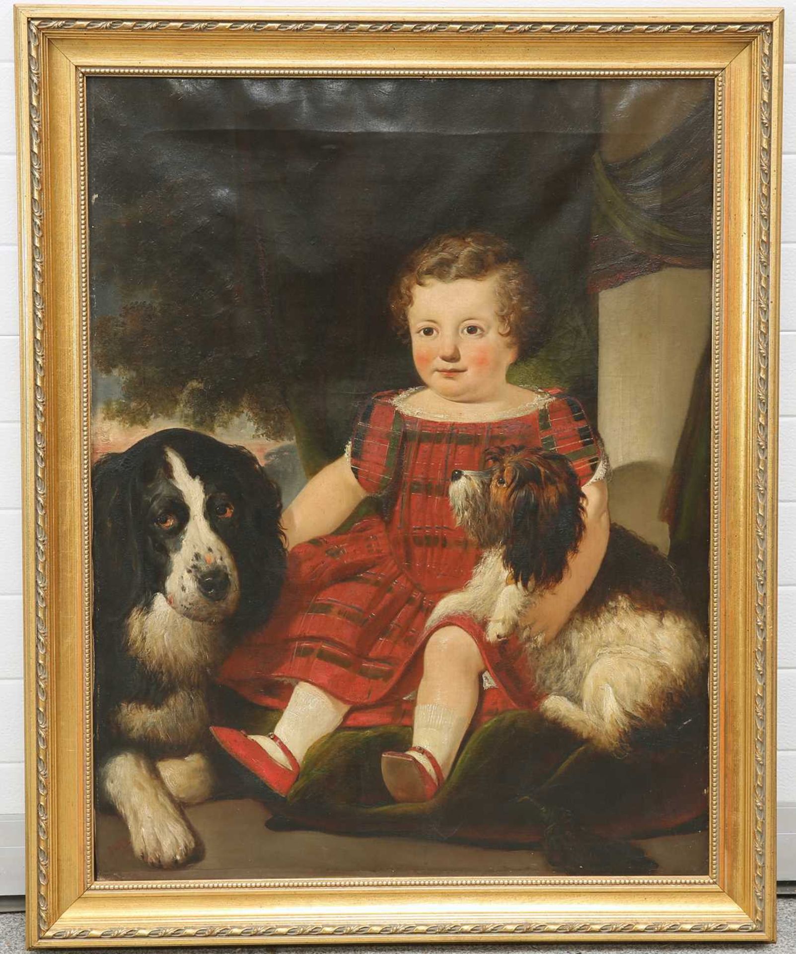 19TH CENTURY BRITISH SCHOOL CHILD IN PLAID DRESS WITH TWO DOGS - Bild 2 aus 2