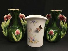 A PAIR OF FLORAL SPILL VASES, AND A VASE WITH A BUTTERFLY