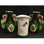 A PAIR OF FLORAL SPILL VASES, AND A VASE WITH A BUTTERFLY