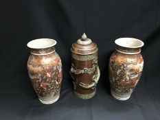 A PAIR OF JAPANESE SATSUMA VASES, AND AN ASIAN DRAGON CANISTER