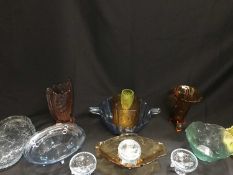 A LARGE QUANTITY OF ART DECO AND LATER PRESS MOULDED COLOURED GLASS