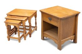 A NEST OF THREE OAK TABLES, AND A CONTEMPORARY OAK BEDSIDE TABLE