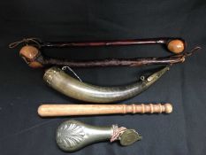 TWO POWER FLASKS, TWO KNOBKERRIES, AND A TRUNCHEON
