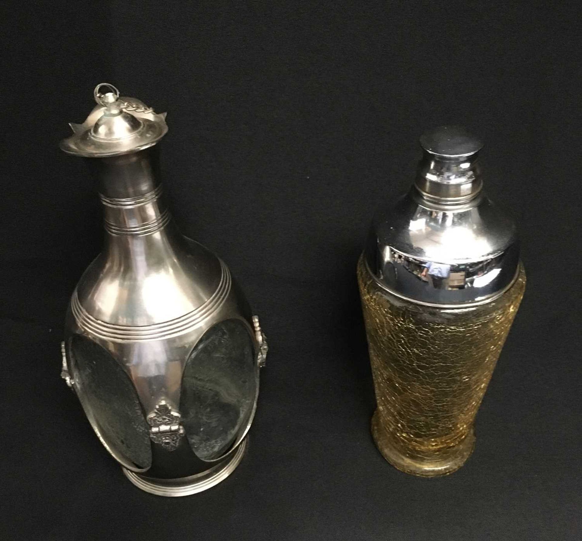 AN IMFL PLATED DECANTER, AND AN ART DECO YELLOW CRACKLE GLASS COCKTAIL SHAKER