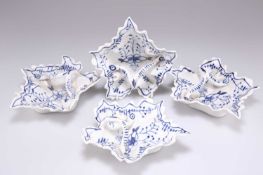 SET OF FOUR GERMAN BLUE AND WHITE PORCELAIN LEAF SHAPED PICKLE DISHES