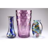 A RICHARDSONS AMETHYST OPTIC GLASS VASE, AND TWO SUNDERLAND GLASS VASES