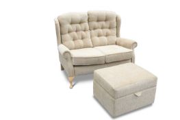 A CELEBRITY UPHOLSTERED TWO-SEATER HIGH-BACK SOFA AND BOX STOOL EN SUITE