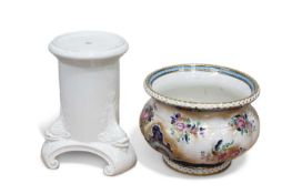 A LARGE LOSOL WARE JARDINIÈRE AND A WHITE-GLAZED FISH-MOULDED STAND