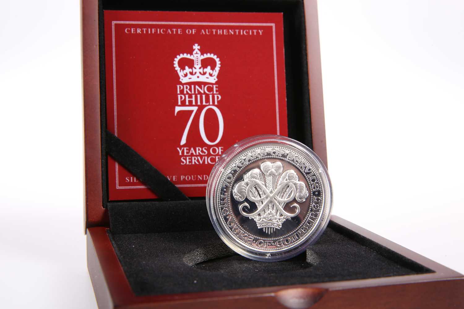 A SILVER FIVE POUND PIEDFORT COIN, "PRINCE PHILIP 70 YEARS OF SERVICE"