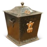 AN ART NOUVEAU JAPANNED AND COPPER COAL BIN