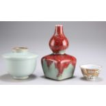 A CHINESE GOURD VASE, A JAPANESE GILDED TEA BOWL AND A JAPANESE CELADON GROUND COVERED BOWL