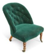 A VICTORIAN WALNUT AND UPHOLSTERED NURSING CHAIR