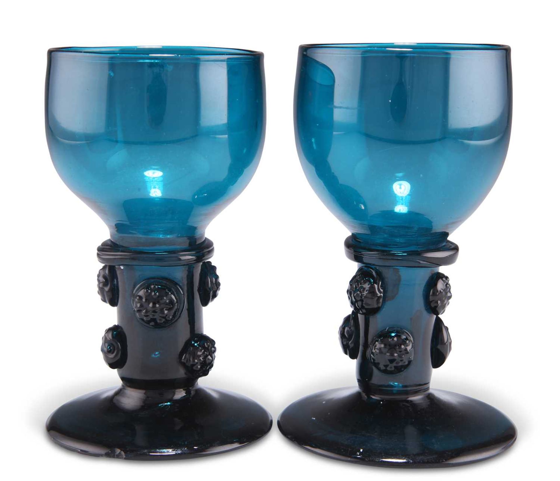 A PAIR OF TURQUOISE GLASS ROEMERS, 19TH CENTURY