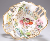 AN ENGLISH PORCELAIN FLORAL ENCRUSTED SWEETMEAT BASKET, CIRCA 1830, POSSIBLY BY SAMUEL ALCOCK