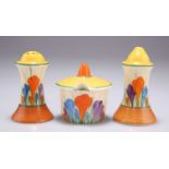 A CLARICE CLIFF BIZARRE CROCUS PATTERN THREE-PIECE CONDIMENT SET