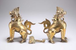A PAIR OF EARLY 20TH CENTURY BRONZE BURMESE CHINTHE MYTHICAL LIONS AND A CHINESE BELT HOOK