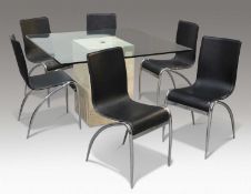 A CONTEMPORARY GLASS-TOPPED DINING TABLE AND SIX DANISH DINING CHAIRS BY ACTONA