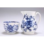 A WORCESTER BLUE AND WHITE SPARROW-BEAK CREAM JUG AND TEA BOWL