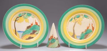 TWO CLARICE CLIFF BIZARRE SECRETS PATTERN SIDE PLATES AND A CONICAL SALT